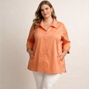 Foxcroft Melon Orange Tunic Blouse 2X NWT Pockets Stretch Work Office Top